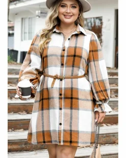 Shirt Dresses*Azura Exchange Plus Size Plaid Flounce Sleeve Button up Shirt Dress Khaki