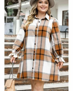 Shirt Dresses*Azura Exchange Plus Size Plaid Flounce Sleeve Button up Shirt Dress Khaki