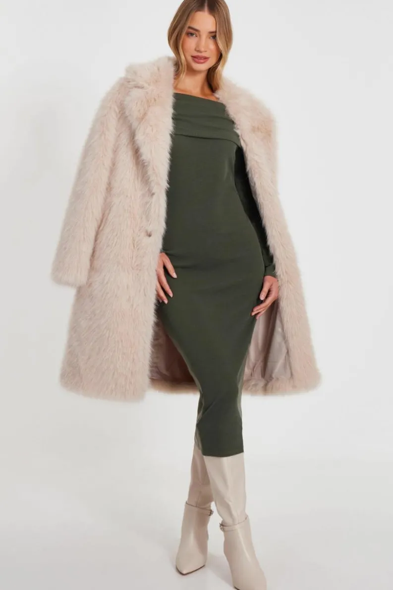Midi Dresses*Quiz Ribbed Bardot Midi Dress Khaki