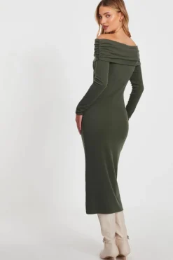 Midi Dresses*Quiz Ribbed Bardot Midi Dress Khaki
