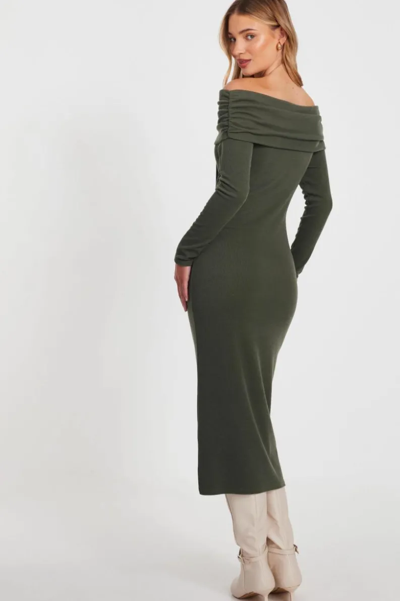 Midi Dresses*Quiz Ribbed Bardot Midi Dress Khaki
