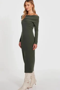 Midi Dresses*Quiz Ribbed Bardot Midi Dress Khaki