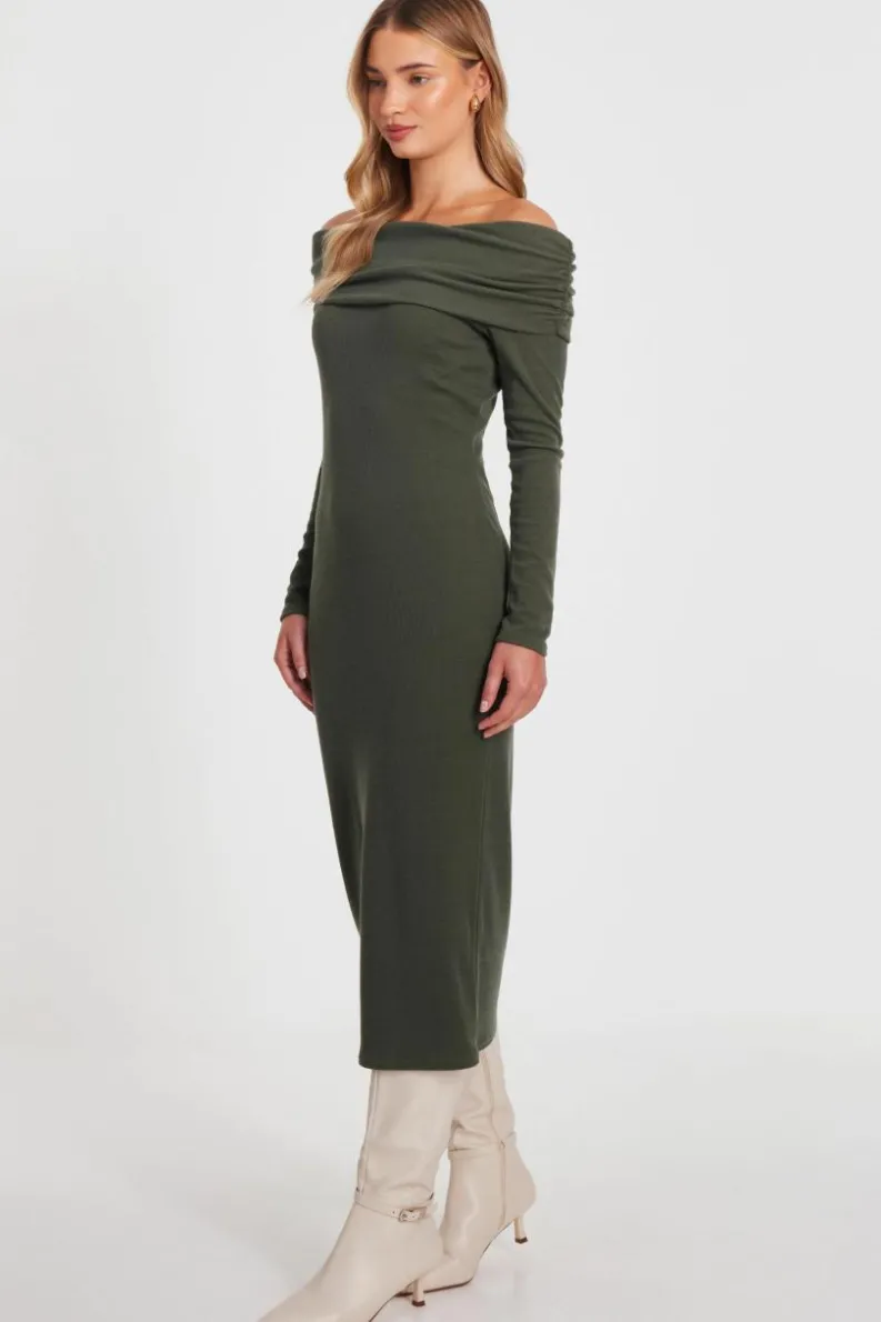 Midi Dresses*Quiz Ribbed Bardot Midi Dress Khaki
