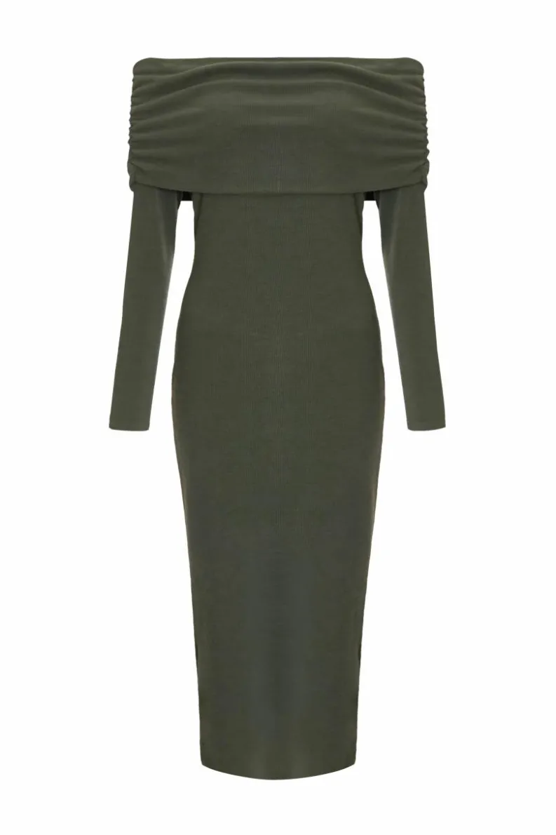 Midi Dresses*Quiz Ribbed Bardot Midi Dress Khaki