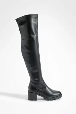 Heels|Over The Knee Boots*boohoo Knee High Block Heeled Boots black