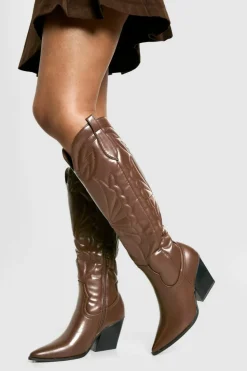 Knee High Boots|Cowboy Boots*boohoo Knee High Embroidered Western Boots brown
