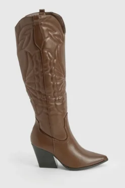 Knee High Boots|Cowboy Boots*boohoo Knee High Embroidered Western Boots brown