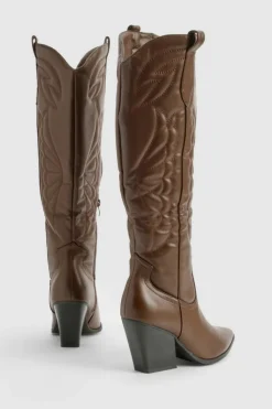 Knee High Boots|Cowboy Boots*boohoo Knee High Embroidered Western Boots brown