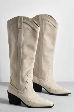 Knee High Boots|Cowboy Boots*boohoo Knee High Heeled Faux Suede Western Cowboy Boots beige