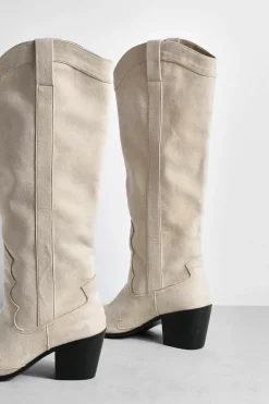 Knee High Boots|Cowboy Boots*boohoo Knee High Heeled Faux Suede Western Cowboy Boots beige