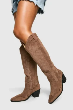 Knee High Boots|Cowboy Boots*boohoo Knee High Heeled Western Cowboy Boots brown
