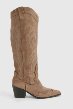 Knee High Boots|Cowboy Boots*boohoo Knee High Heeled Western Cowboy Boots brown