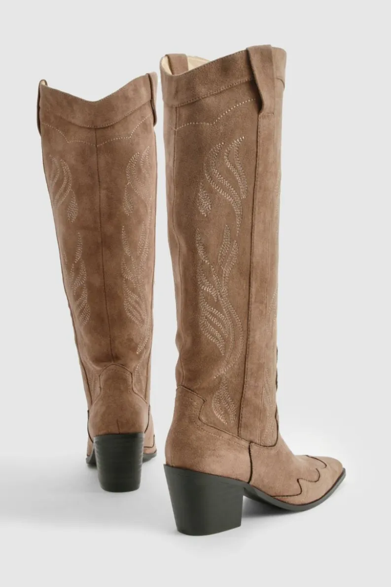 Knee High Boots|Cowboy Boots*boohoo Knee High Heeled Western Cowboy Boots brown