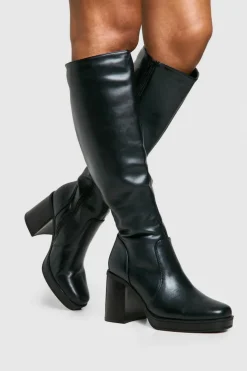 Heels|Over The Knee Boots*boohoo Knee High Platform Block Heel Boots black