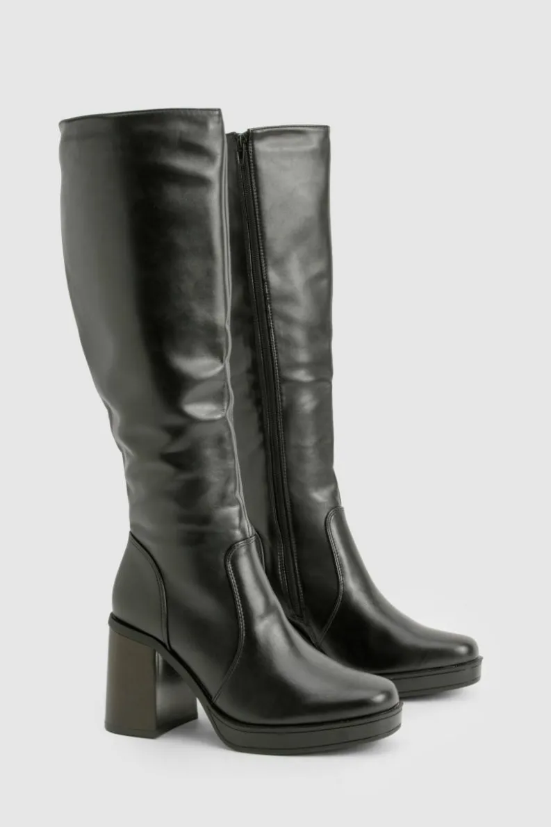 Heels|Over The Knee Boots*boohoo Knee High Platform Block Heel Boots black