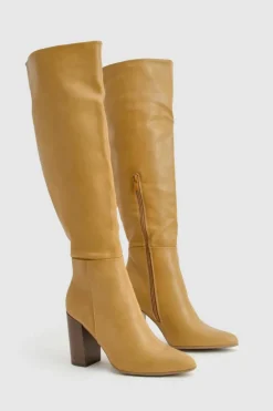 Over The Knee Boots|Knee High Boots*boohoo Knee High Pointed Toe Stacked Heeled Boot camel