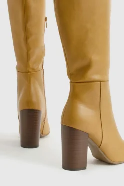 Over The Knee Boots|Knee High Boots*boohoo Knee High Pointed Toe Stacked Heeled Boot camel