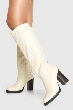 Over The Knee Boots|Knee High Boots*boohoo Knee High Stacked Heeled Boot beige