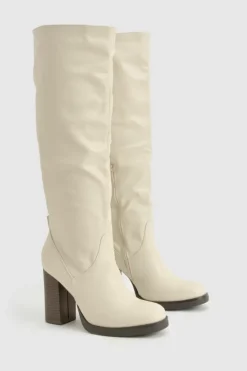 Over The Knee Boots|Knee High Boots*boohoo Knee High Stacked Heeled Boot beige