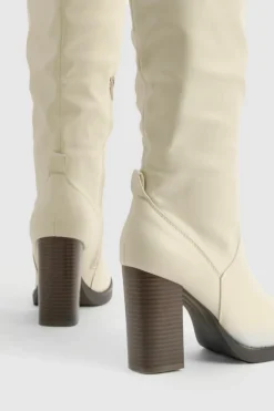 Over The Knee Boots|Knee High Boots*boohoo Knee High Stacked Heeled Boot beige