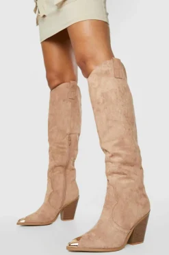 Knee High Boots|Cowboy Boots*boohoo Knee High Toe Cap Pull On Western Cowboy Boots sand