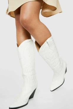 Knee High Boots|Cowboy Boots*boohoo Knee High Western Cowboy Boots white
