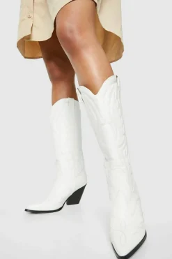 Knee High Boots|Cowboy Boots*boohoo Knee High Western Cowboy Boots white