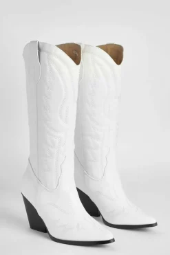 Knee High Boots|Cowboy Boots*boohoo Knee High Western Cowboy Boots white