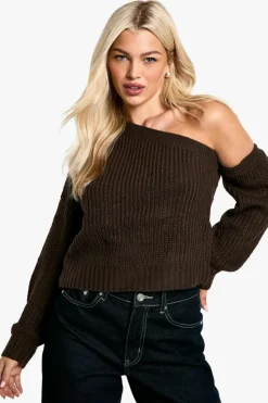 Jumpers|Jumpers & Cardigans*boohoo Knitted Asymmetric Shoulder Jumper chocolate