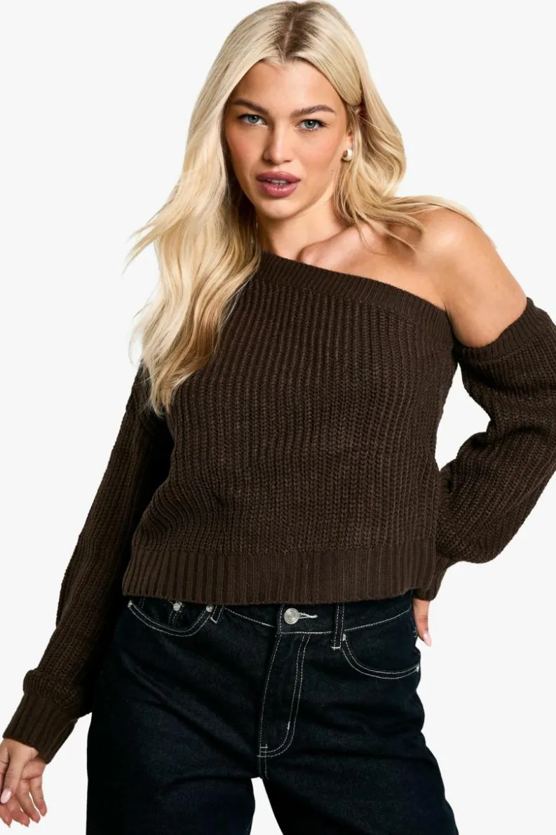 Jumpers|Jumpers & Cardigans*boohoo Knitted Asymmetric Shoulder Jumper chocolate