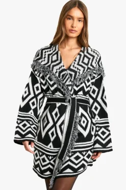 Cardigans*boohoo Knitted Aztec Longline Belted Cardigan black