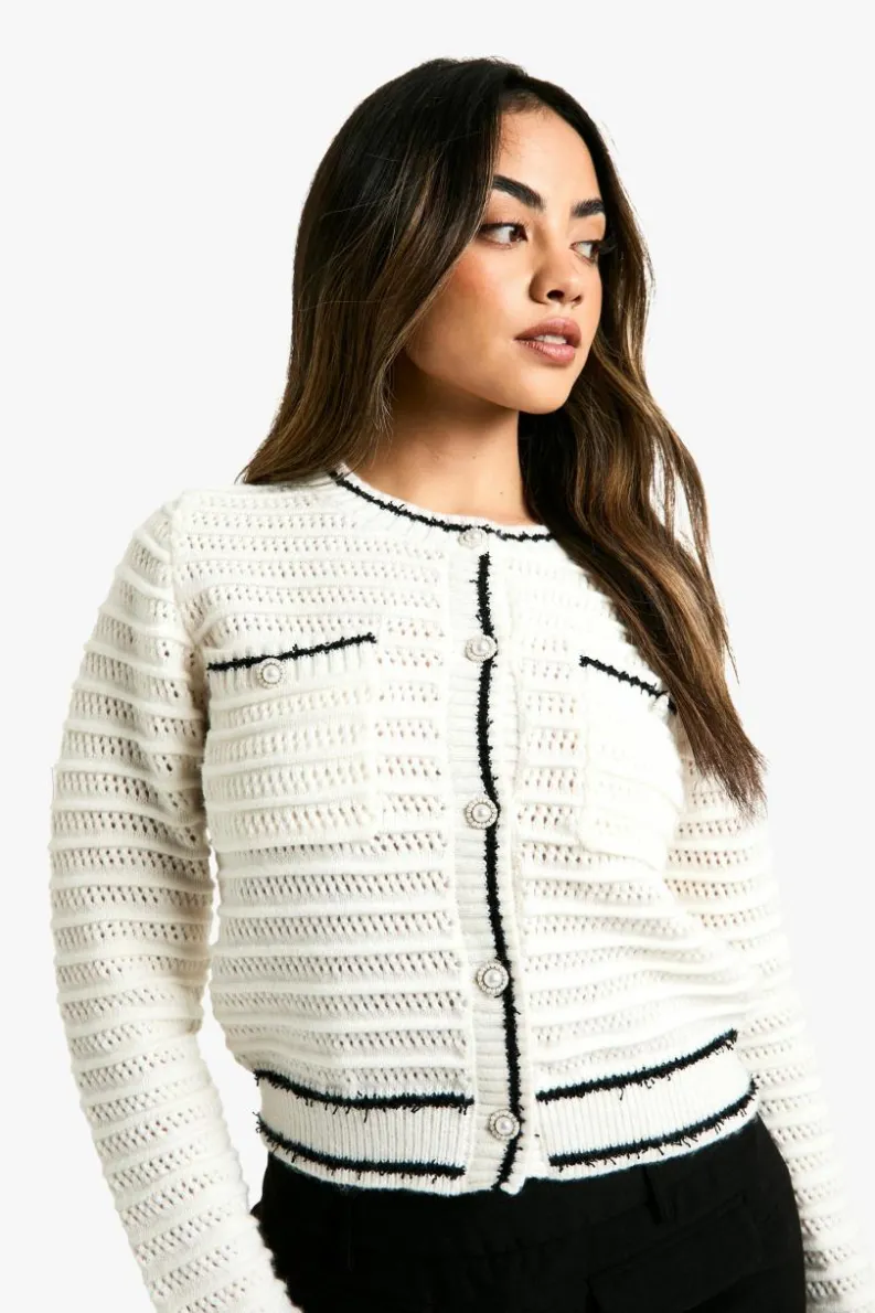 Cardigans|Jumpers & Cardigans*boohoo Knitted Boucle Contrast Detail Cardigan cream