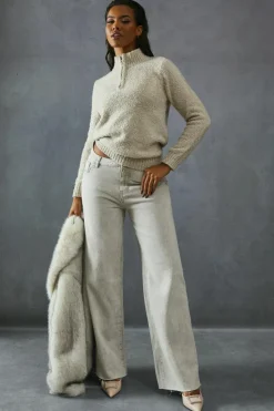 Oversized Jumpers*MissPap Knitted Boucle Zip Up Neck Oversized Jumper oatmeal