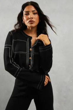 Cardigans*MissPap Knitted Crew Neck Contrast Seam Gold Button Detail Cardigan black
