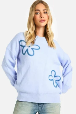 Oversized Jumpers|Jumpers*boohoo Knitted Flower Detail Oversized Jumper dusty blue