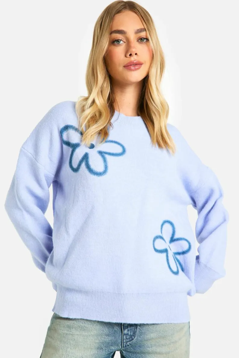 Oversized Jumpers|Jumpers*boohoo Knitted Flower Detail Oversized Jumper dusty blue