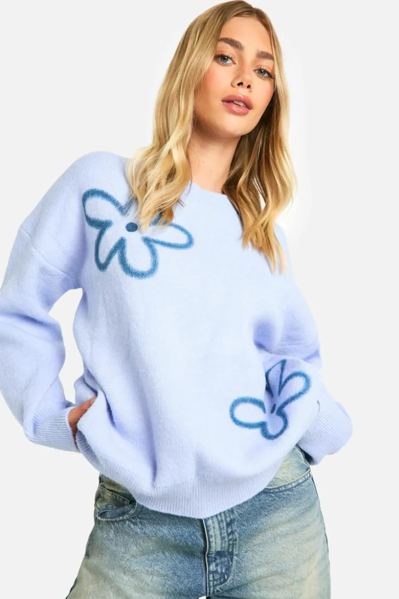 Oversized Jumpers|Jumpers*boohoo Knitted Flower Detail Oversized Jumper dusty blue