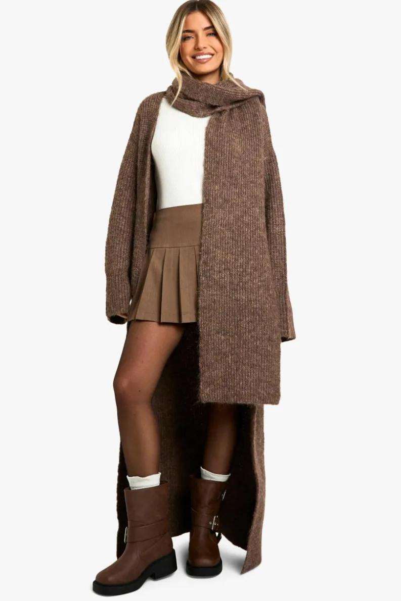 Knitted Co-Ords|Cardigans*boohoo Knitted Maxi Cardigan And Oversized Scarf Set mocha
