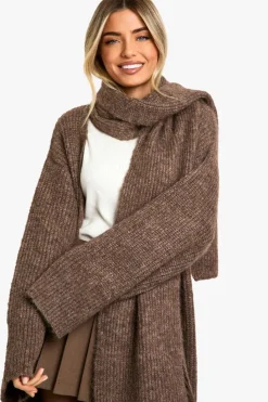 Knitted Co-Ords|Cardigans*boohoo Knitted Maxi Cardigan And Oversized Scarf Set mocha