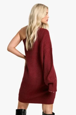 Jumper Dresses|Jumper Dresses*boohoo Knitted One Shoulder Mini Dress berry