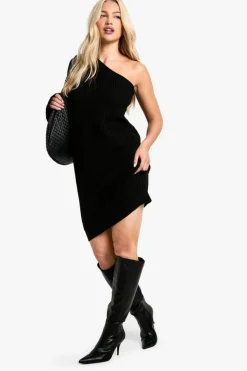 Jumper Dresses|Jumper Dresses*boohoo Knitted One Shoulder Mini Dress black
