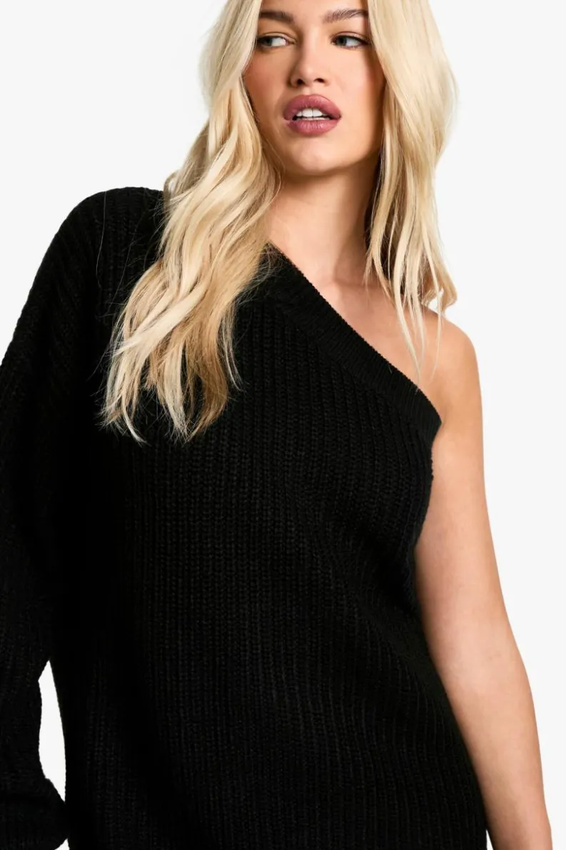 Jumper Dresses|Jumper Dresses*boohoo Knitted One Shoulder Mini Dress black