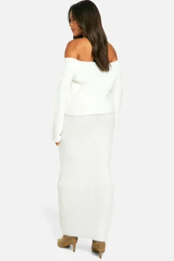 Knitted Co-Ords|Bottoms*boohoo Knitted Oversized Bardot Jumper And Maxi Skirt Set off white