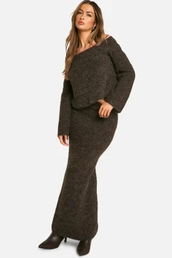 Knitted Co-Ords|Skirts*boohoo Knitted Oversized Bardot Jumper And Maxi Skirt Set chocolate