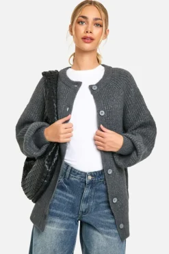 Cardigans|Knitwear*boohoo Knitted Oversized Boxy Button Front Cardigan charcoal