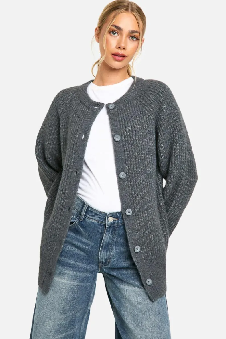 Cardigans|Knitwear*boohoo Knitted Oversized Boxy Button Front Cardigan charcoal
