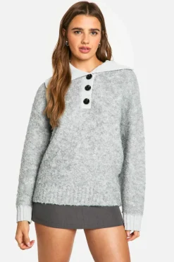 Oversized Jumpers|Jumpers*boohoo Knitted Oversized Rib Collar Button Up Jumper grey marl