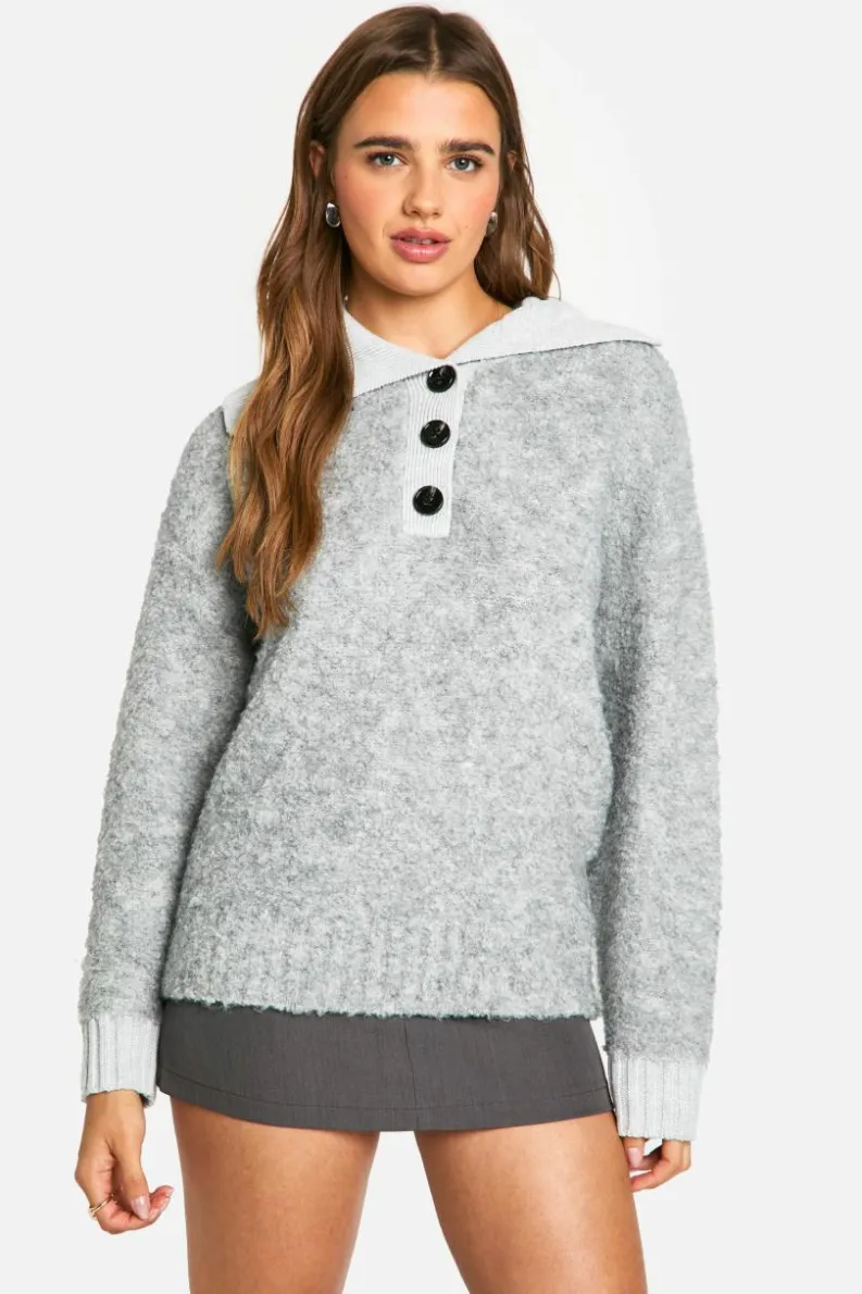 Oversized Jumpers|Jumpers*boohoo Knitted Oversized Rib Collar Button Up Jumper grey marl