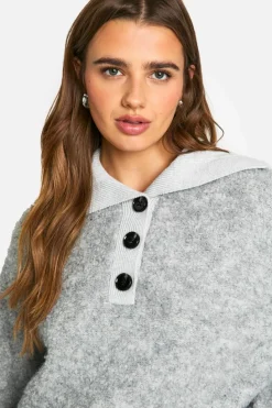 Oversized Jumpers|Jumpers*boohoo Knitted Oversized Rib Collar Button Up Jumper grey marl