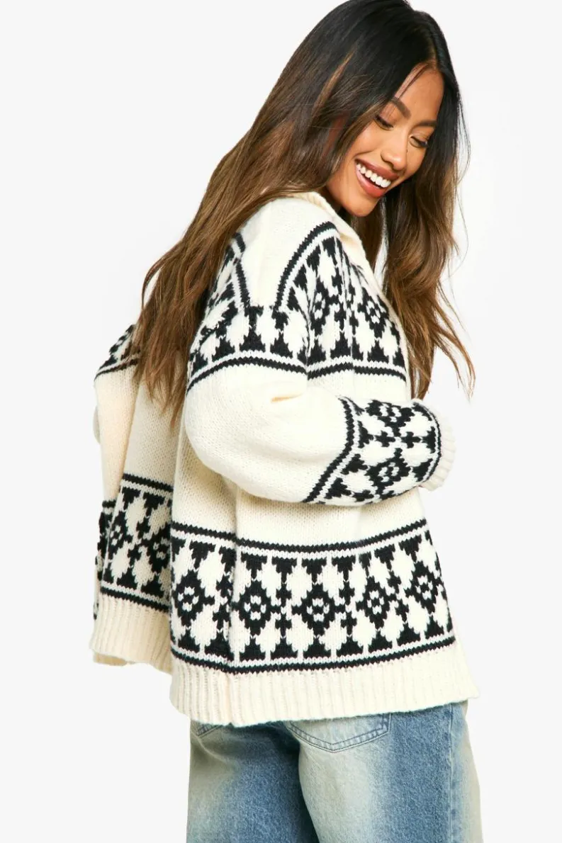 Cardigans|Jumpers & Cardigans*boohoo Knitted Oversized Zip Through Fairisle Cardigan cream